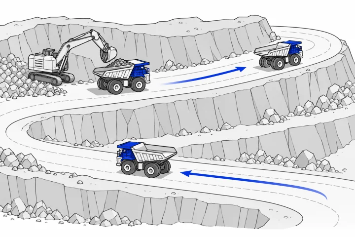 Concept illustration of coordinated haul trucks in an open-pit mine.