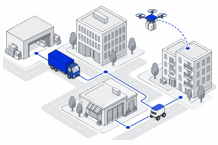 Concept illustration of coordinated truck, drone and pavement-robot deliveries.
