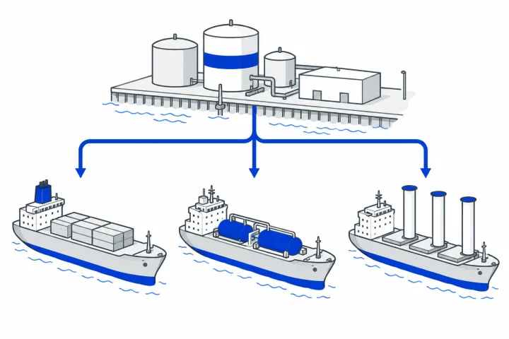 Concept illustration comparing conventional, alternative-fuel and wind-assisted vessels.