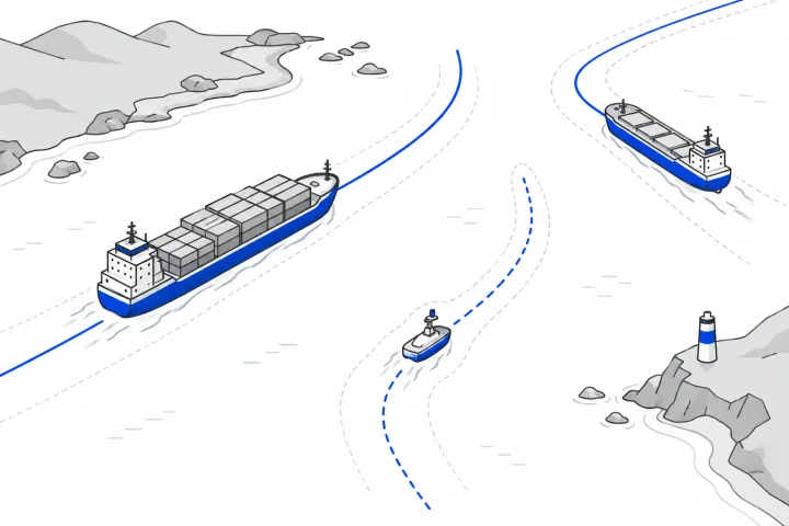 Concept illustration of cargo ships and an autonomous vessel following separate planned tracks.