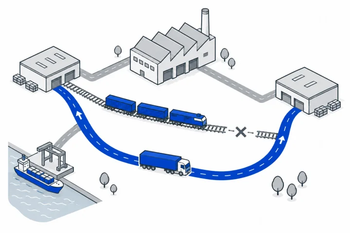 Concept illustration of an alternative road route around a disrupted supply-chain rail link.