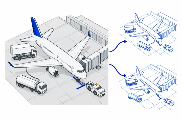 Concept illustration of an airport apron and alternative predicted operational states.