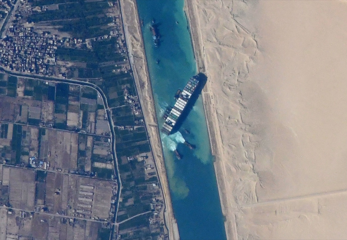 Ever Given blocking the Suez Canal in March 2021, photographed from the International Space Station. NASA.