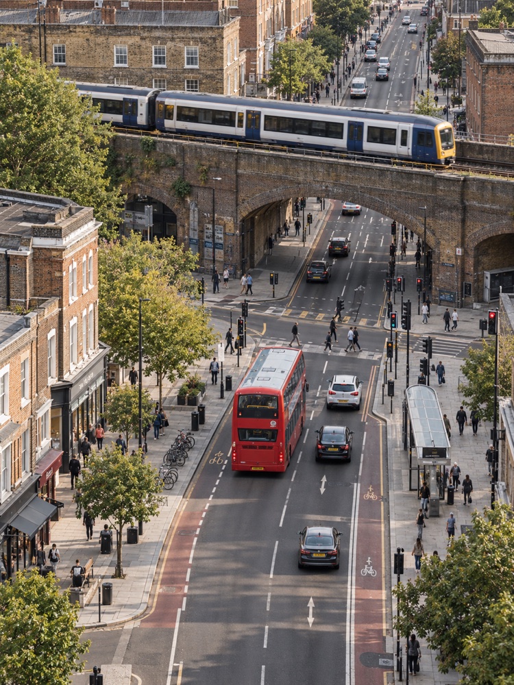 AI-generated illustration of an urban transport network with a bus, railway viaduct and pedestrian crossings.